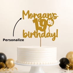 19th Birthday Personalized Glittering Gold Cake Pick